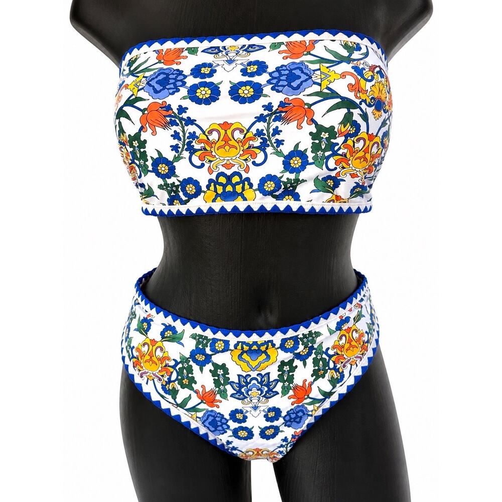 ZAFUL Bikini Set Medium Floral Bandeau High Waist Strapless Y2K Boho Resort EUC